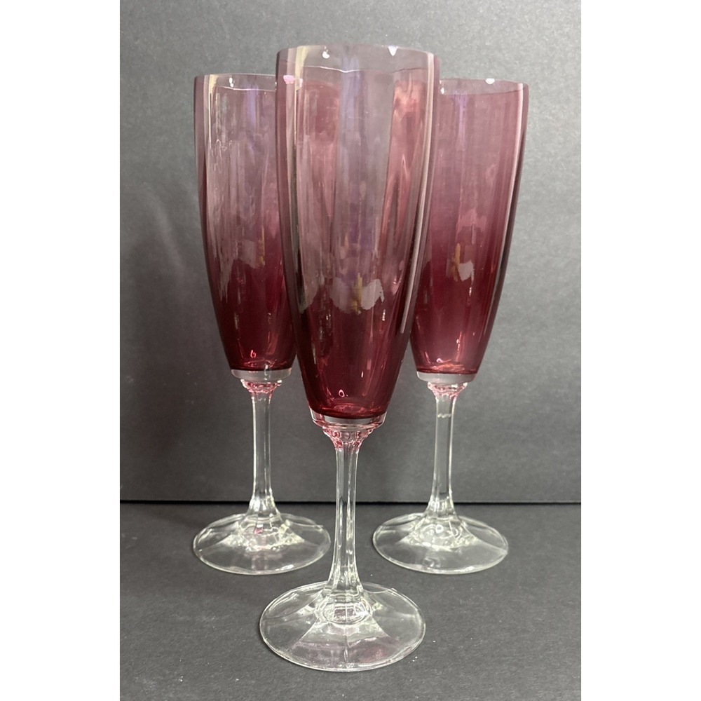 3 Pilgrim Cranberry Glass Champagne Glasses Fluted 8 7/8" Striped Optic